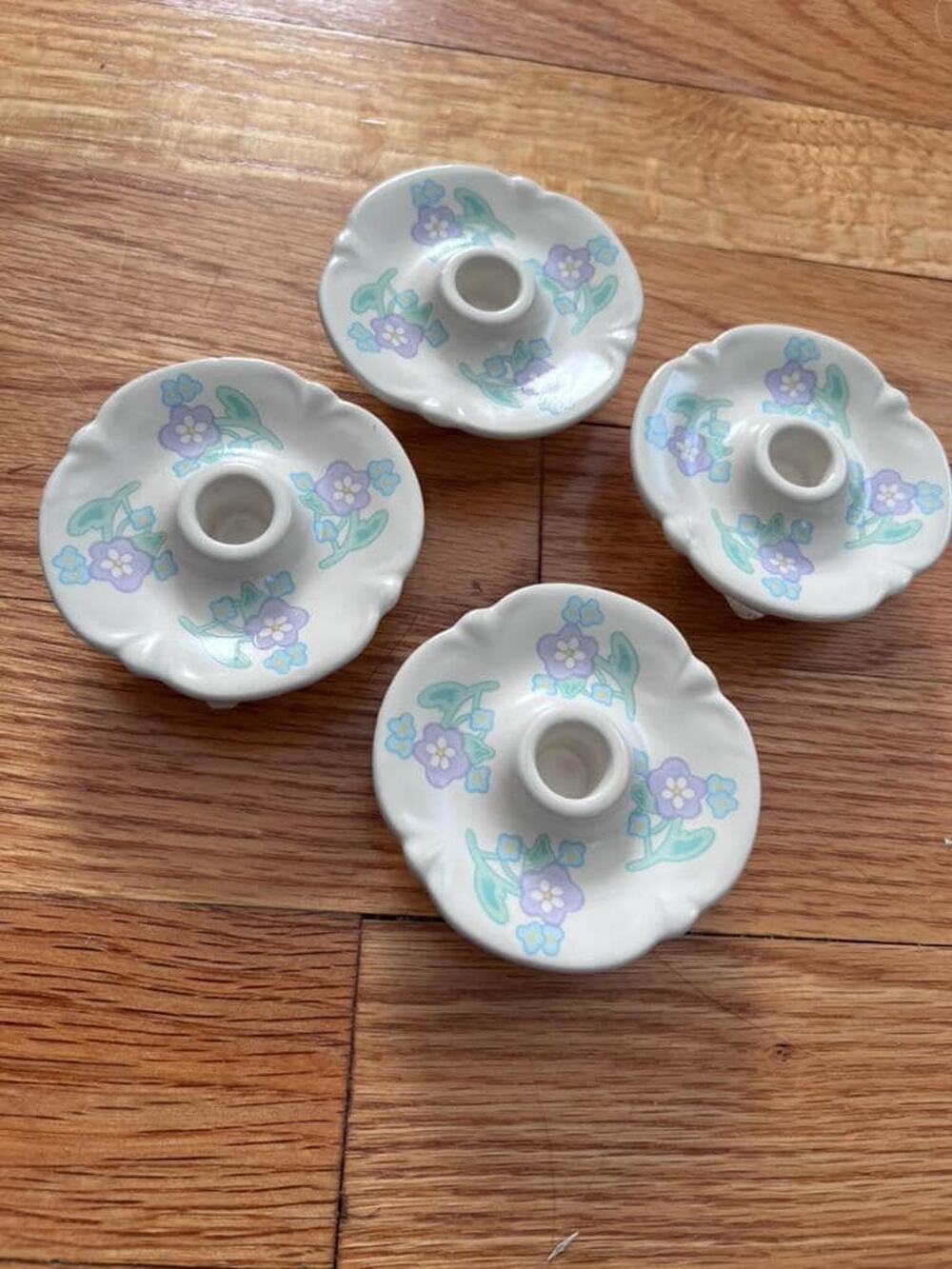 Vintage Lavender Cottagecore Flower Ceramic Taper Candle Holders Set of 4